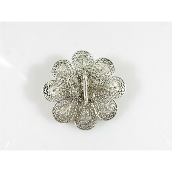 Unusual Lovely 800 Silver Filigree Flower Brooch with Butterfly in the Center - Picture 1 of 11